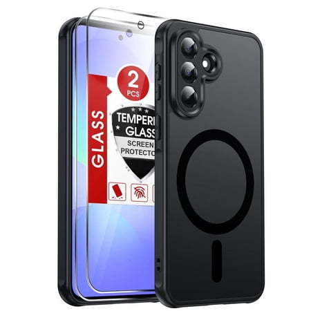 LeYi for Samsung A37 Case: Galaxy A37 5G Phone Case [Magnet Fit] with [2 PCS] Screen Protector & Precision Camera Cutout, Slim Frosted Translucent Unlocked Funda para Samsung A 37, Black
