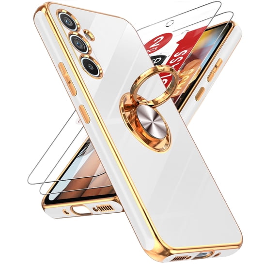 LeYi For Samsung Galaxy A54 5G Phone Case:2pcs Tempered Glass Screen Protector and 360°Rotatable Ring Mount Magnetic Stand,Rose Gold Plated Edge Protector Samsung A54 5G Phone Case,White