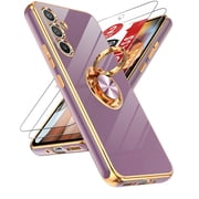LeYi For Samsung Galaxy A54 5G Phone Case2pcs Tempered Glass Screen Protector and 360 Rotatable Ring Mount Magnetic Stand,Rose Gold Plated Edge Protector Samsung A54 5G Phone Case,Purple