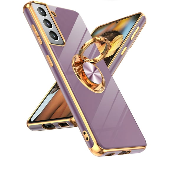 LeYi For Samsung Galaxy S21 5G Phone Case: With 360° Rotatable Ring Mount Magnetic Stand, Rose Gold Plated Edge Protection Samsung S21 5G Phone,Purple