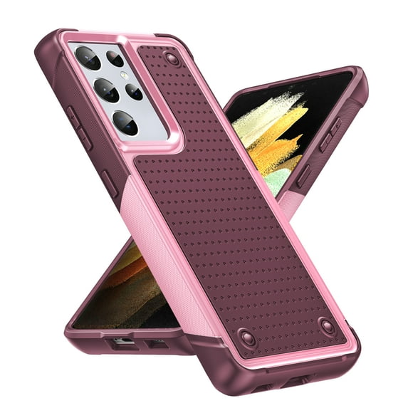 LeYi for Samsung Galaxy S21 Ultra Case 5G, Shockproof Heavy Duty Dual Layer Protective Hard PC Textured Back & Soft Bumper Case Cover for Galaxy S21 Ultra, Pink