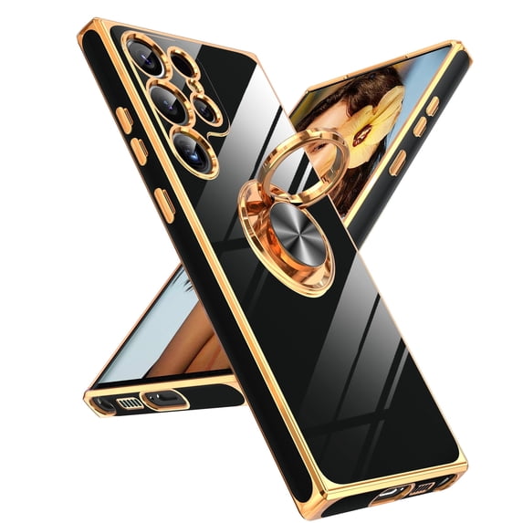 LeYi For Samsung Galaxy S23 Ultra 5G Phone Case: With 360° Rotatable Ring Mount Magnetic Stand, Rose Gold Plated Edge Protection Samsung S23 Ultra 5G Phone, Black