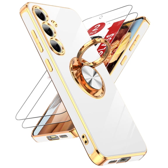 LeYi For Samsung Galaxy S24 FE 5G Phone Case: With 360° Rotatable Ring Mount Magnetic Stand, Rose Gold Plated Edge Protection Samsung S24FE 5G Phone,with Tempered Glass Screen Protector [2 Pcs]，White