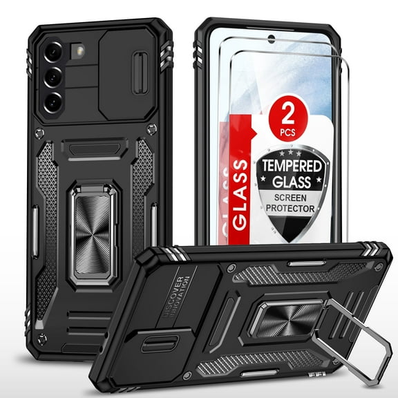 LeYi for Samsung Galaxy S21 FE Case, 2 Pack Screen Protector, Slide Camera Cover Protection, Black