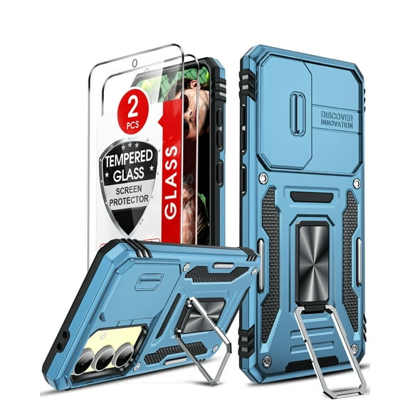 LeYi for Samsung S24 FE 5G Case: Military-Grade Heavy Duty Cover with Metal Ring Magnetic Kickstand with Tempered Glass Screen Protector [2 Pcs], N-Blue