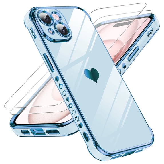 LeYi for iPhone 15 Case: Soft Cute Shockproof Slim, Tempered Glass Screen Protector 2 Pcs, Blue