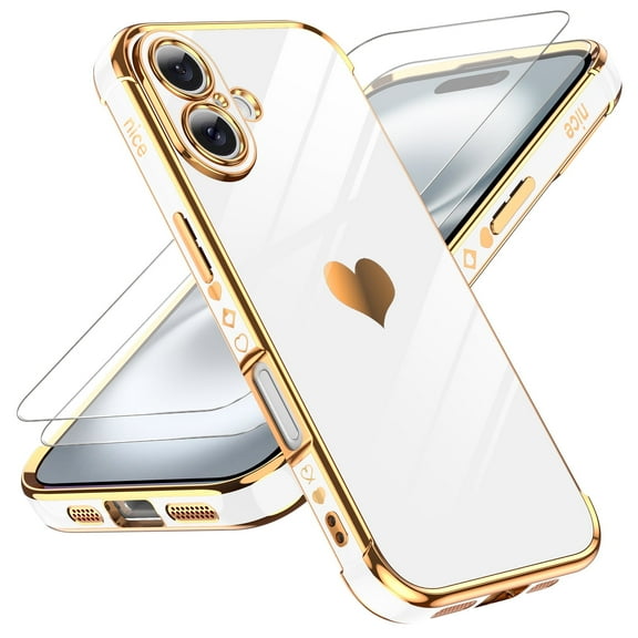 LLeYi for iPhone 16 Plus Case: Soft Cute Shockproof, Tempered Glass Screen Protector 2 Pcs, White