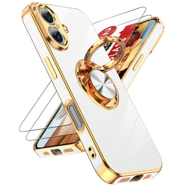 LeYi for iPhone 16 Case: 2 Pack Tempered Glass Screen Protectors and 360° Rotatable Ring Stand, Magnetic Kickstand, Electroplated Rose Gold Frame for iPhone 16 Phone Case, White