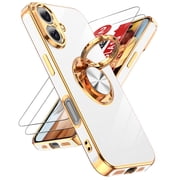 LeYi for iPhone 16 Plus Case: 2 Pack Tempered Glass Screen Protectors and 360° Rotatable Ring Stand, Magnetic Kickstand, Electroplated Rose Gold Frame for iPhone 16 Plus Phone Case,White