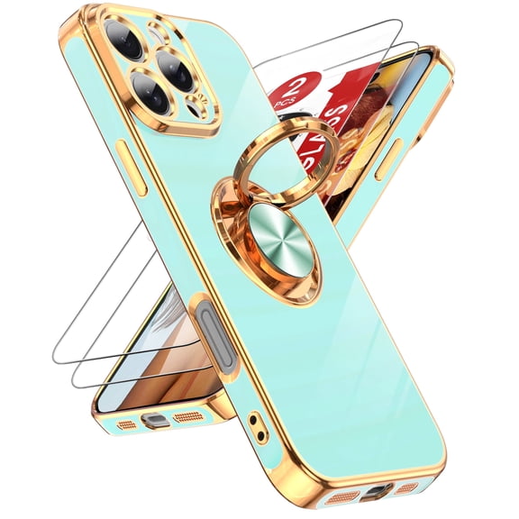 LeYi for iPhone 16 Pro Case: 2 Pack Tempered Glass Screen Protectors and 360° Rotatable Ring Stand, Magnetic Kickstand, Electroplated Rose Gold Frame for iPhone 16 Pro Phone Case,Mint