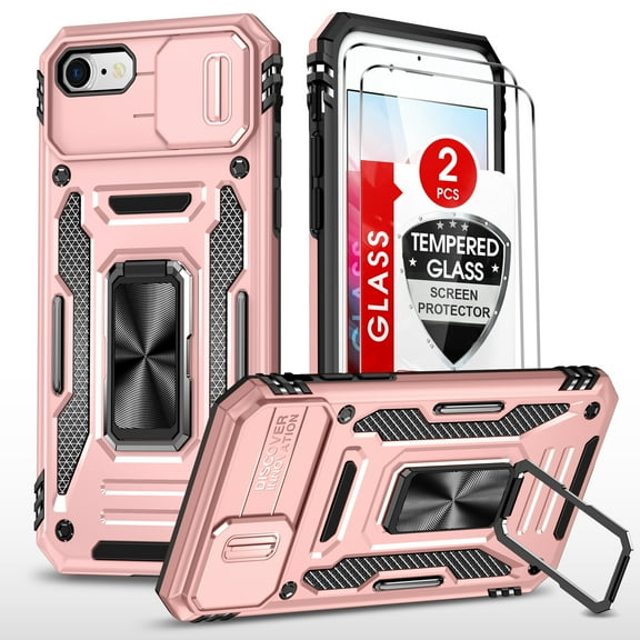 LeYi iPhone 8 Case, iPhone 7 Case, iPhone SE 2022 Case with Screen Protector[2 Pack], [Slide Camera Cover Protection] Military Grade Shockproof Full Body Protective Cover for iPhone 8/7 Case-Rose Gold