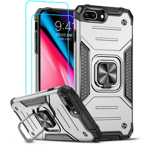 LeYi for iPhone 8 Plus Case, iPhone 7 Plus Case with 2 x Glass Screen Protector, Enhanced Metal Ring Kickstand [Support Magnet Mount] Protective Phone Cover for iPhone 7/8 Plus Case - Silver
