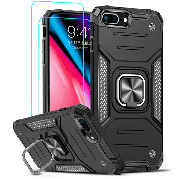 LeYi For iPhone 8 Plus Case, iPhone 7 Plus Case: 2 x Glass Screen Protector, Support Magnet Mount, Black