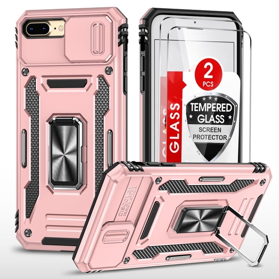 LeYi iPhone 8 Plus Case, iPhone 7 Plus Case with Screen Protector[2 Pack], [Slide Camera Cover Protection] Military Grade Shockproof Full Body Protective Cover for iPhone 7/8 Plus Case-Rose Gold
