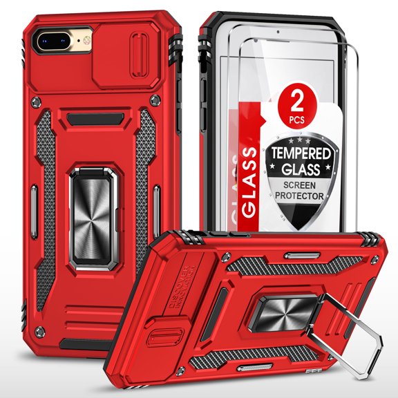 LeYi iPhone 8 Plus Case, iPhone 7 Plus Case with Screen Protector [2 Pack], [Slide Camera Cover Protection] Military Grade Shockproof Full Body Protective Cover for iPhone 7/8 Plus Case - Red