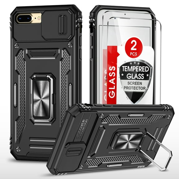 LeYi iPhone 8 Plus Case, iPhone 7 Plus Case with Screen Protector [2 Pack], [Slide Camera Cover Protection] Military Grade Shockproof Full Body Protective Cover for iPhone 7/8 Plus Case - Black