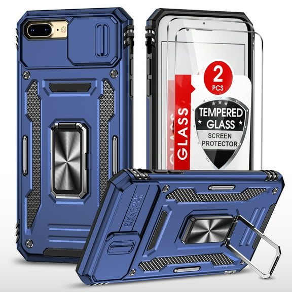 LeYi iPhone 8 Plus Case, iPhone 7 Plus Case with Screen Protector [2 Pack], [Slide Camera Cover Protection] Military Grade Shockproof Full Body Protective Cover for iPhone 7/8 Plus Case - Blue