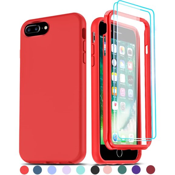 LeYi For iPhone 7 Plus and iPhone 8 Plus Case with [2 x Tempered Glass Screen Protector] for Men Boys, Full-Body Shockproof Soft Silicone Protective Phone Cover Case for iPhone 6s/6 Plus, Red