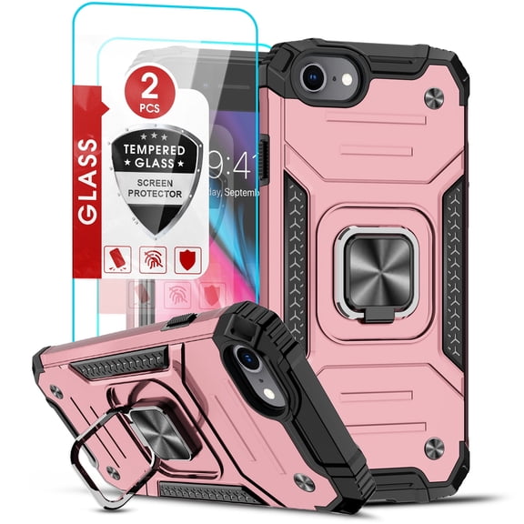 LeYi iPhone SE 2022 Case (3rd Gen), iPhone 8/7/SE 2020/6s/6 Case with 2 x Glass Screen Protector, Enhanced Metal Ring Kickstand [Support Magnet Mount] Protective Phone Cover for iPhone 8, Rose Gold