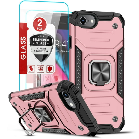 LeYi iPhone SE 2022 Case (3rd Gen), iPhone 8/7/SE 2020/6s/6 Case with 2 x Glass Screen Protector, Enhanced Metal Ring Kickstand [Support Magnet Mount] Protective Phone Cover for iPhone 8, Rose Gold