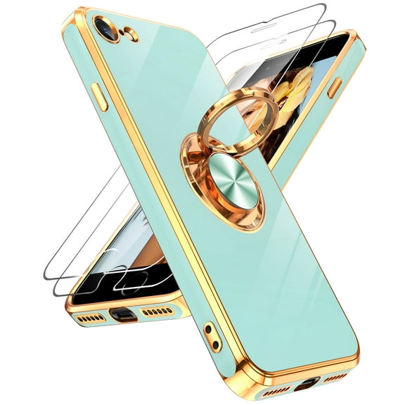 LeYi For iPhone SE Case iPhone 8 Case:Tempered Glass Screen Protector [2 pcs] 360° Rotatable Ring Mount Magnetic Stand,Rose Gold Plated iPhone 7/8/SE 2020 Case, Mint
