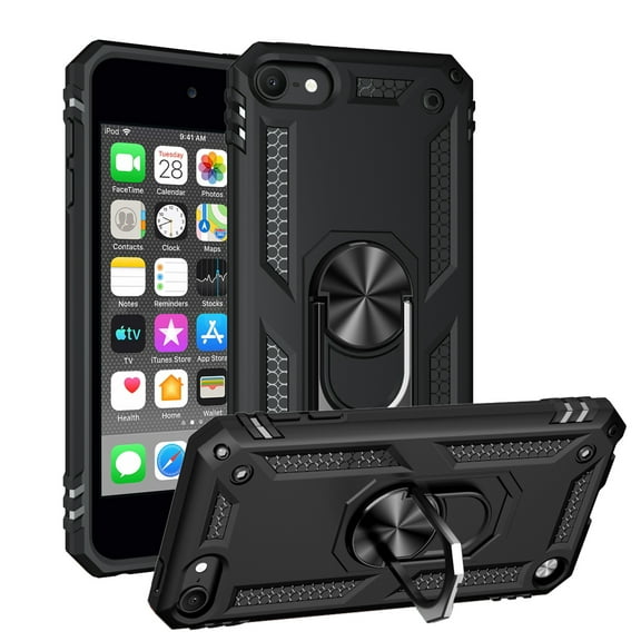 LeYi iPod Touch 6th Generation Case Hard Case, iPod Touch 7th Generation Case, Military Grade Phone Case with Ring Kickstand for Apple iPod Touch 7/6/5, Black