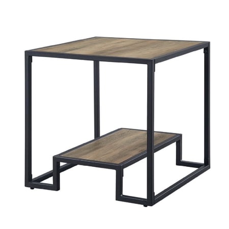 Lea 22 Inch Wood End Table, Grain Details, Metal Frame, Rustic Oak