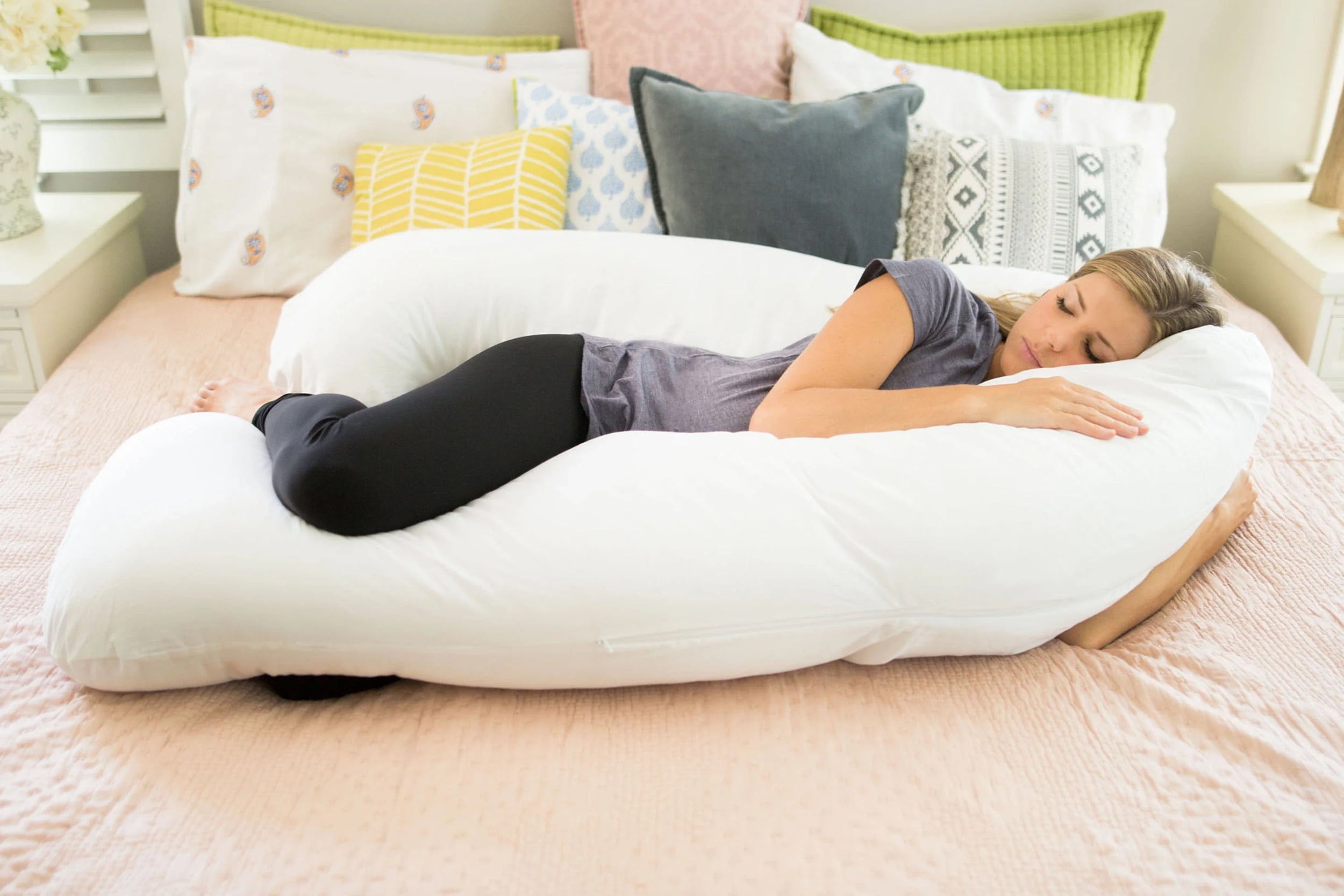 Leachco Back N Belly Bliss Pregnancy Maternity Body Pillow with 100 Sateen Cotton 300 Thread Count Zippered Cover in Soothing White Walmart