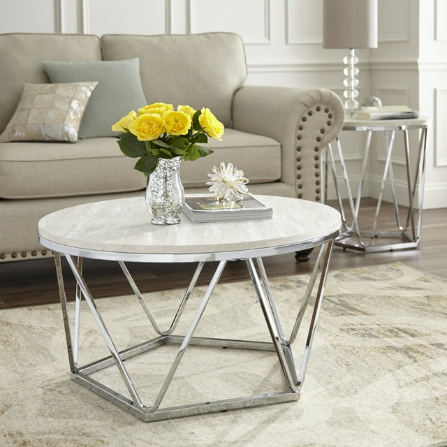 Leaci Modern Faux Stone Round Coffee Table, Chrome