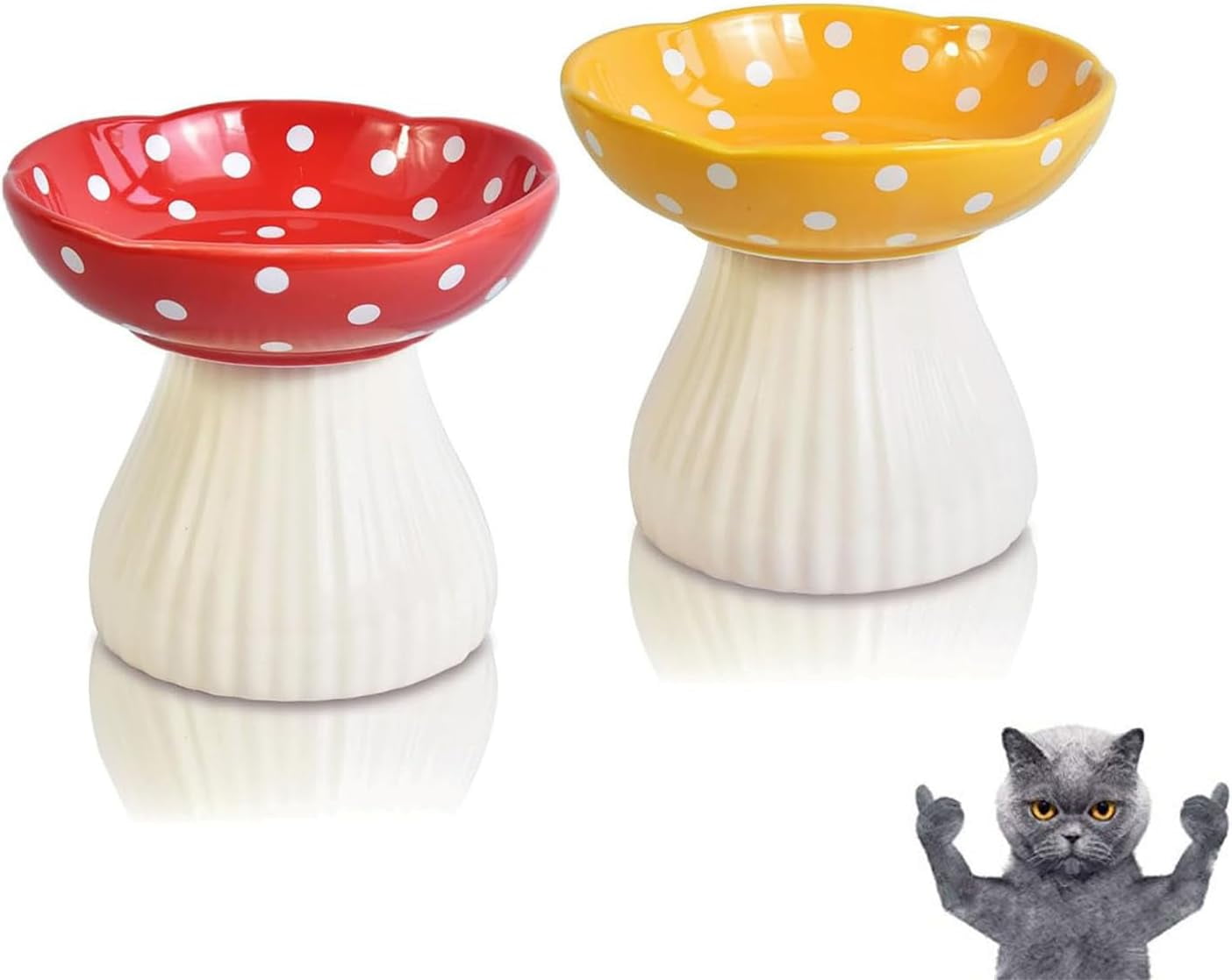 Lead & Cadmium Free Ceramic Elevated Cat Bowls for Food and Water, Red and Yellow Design to Prevent Whisker Fatigue