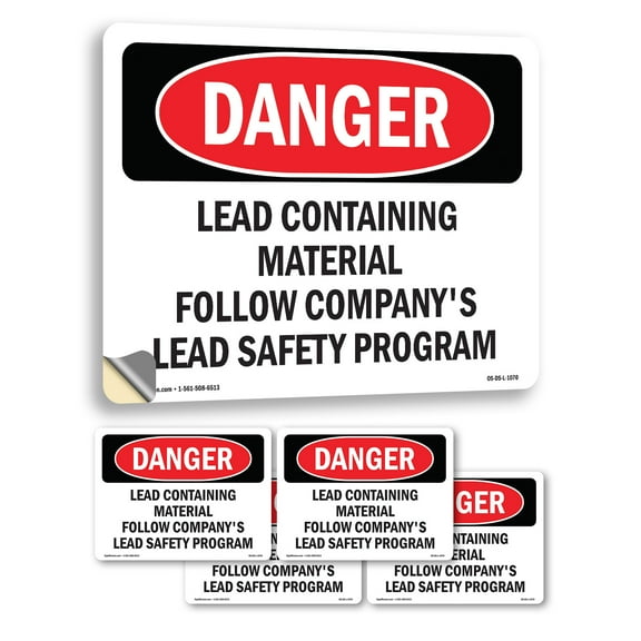 Lead Containing Material Safety Program OSHA Danger Vinyl Decal Label 18 Inch x 12 Inch - 5 Pack