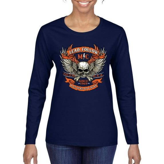 Lead Follow or Get The Hell Out Of The Way MC 1969 Motorcycle Pop Culture Womens Graphic Long Sleeve T-Shirt, Navy, 2XL