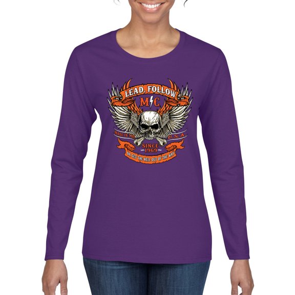 Lead Follow or Get The Hell Out Of The Way MC 1969 Motorcycle Pop Culture Womens Graphic Long Sleeve T-Shirt, Purple, Medium