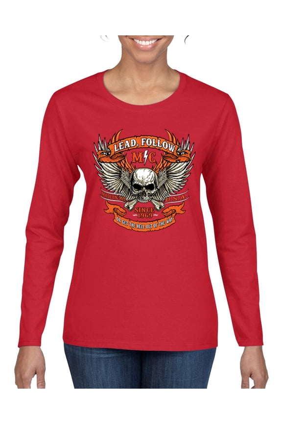 Lead Follow or Get The Hell Out Of The Way MC 1969 Motorcycle Pop Culture Womens Graphic Long Sleeve T-Shirt, Red, 2XL
