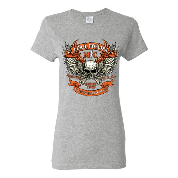 Lead Follow or Get The Hell Out Of The Way MC 1969 Motorcycle Pop Culture Womens Graphic T-Shirt, Heather Grey, X-Large