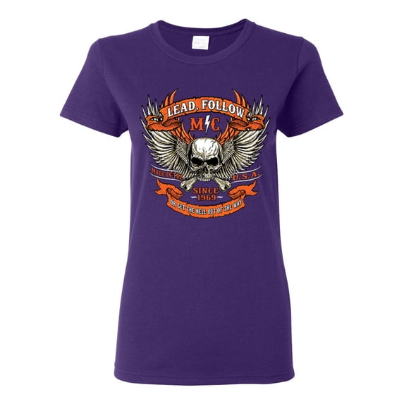 Lead Follow or Get The Hell Out Of The Way MC 1969 Motorcycle Pop Culture Womens Graphic T-Shirt, Purple, 2XL