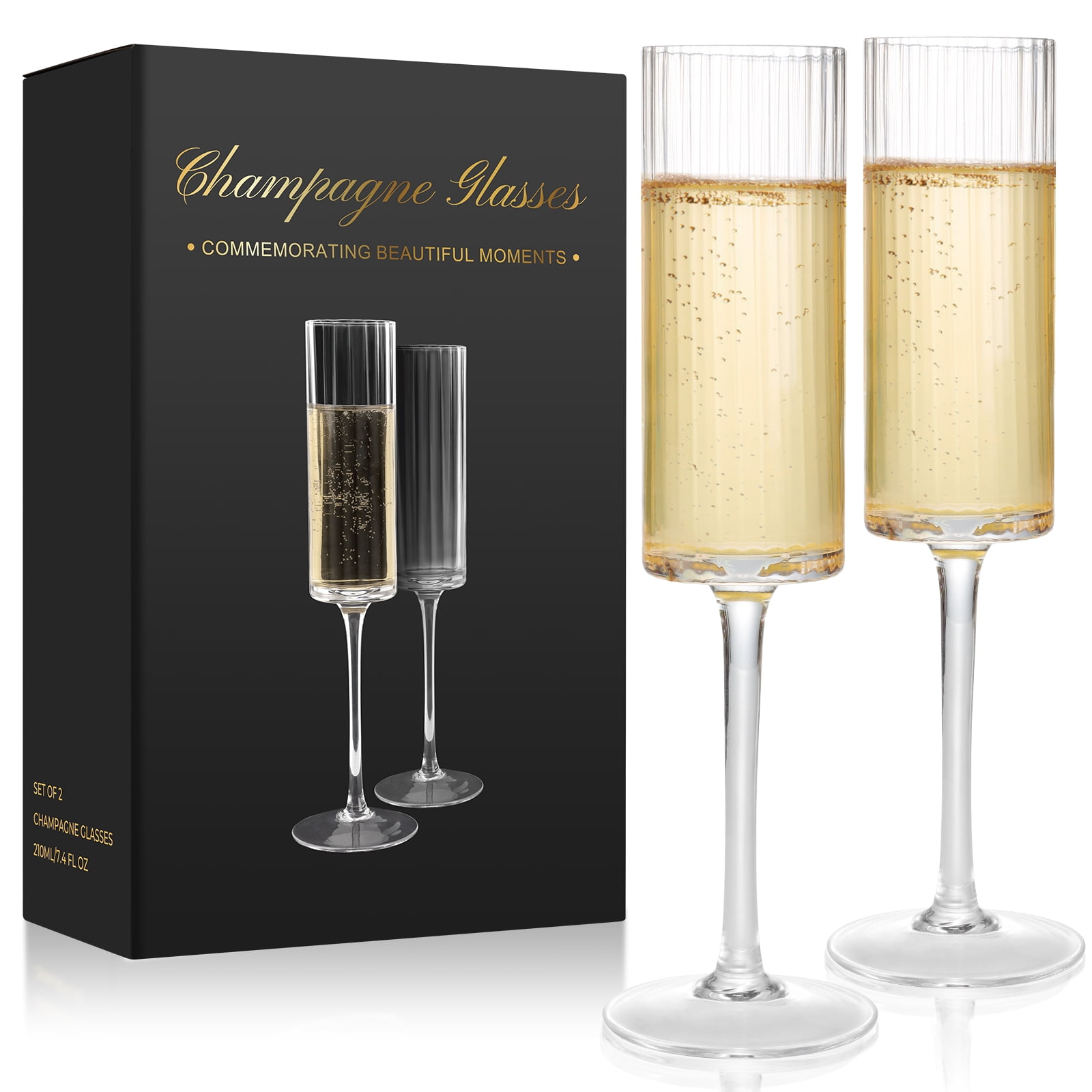 Lead-Free Crystal Champagne Flutes Set of 2 — Elegant Vertical Striped Design, Dishwasher Safe, Shatterproof Packaging, Perfect Luxury Gift for Weddings, Anniversaries, Birthdays & Holidays
