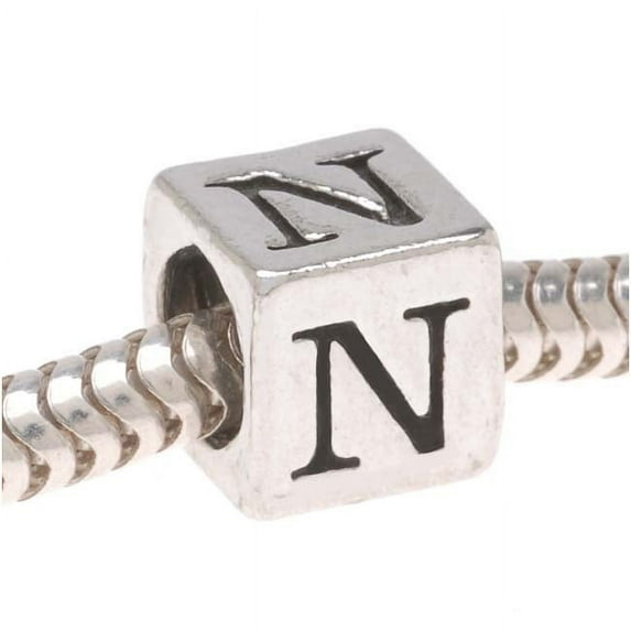 Lead-Free Pewter European Style Large Hole Alphabet Bead, Letter 'N' 6.4mm, 1 Piece, Antiqued Silver
