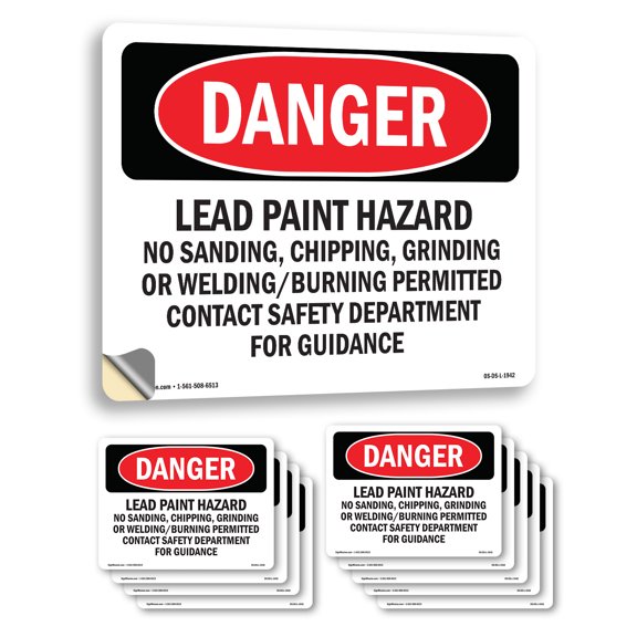 Lead Paint Hazard No Sanding Chipping OSHA Danger Vinyl Decal Label 14 Inch x 10 Inch - 10 Pack