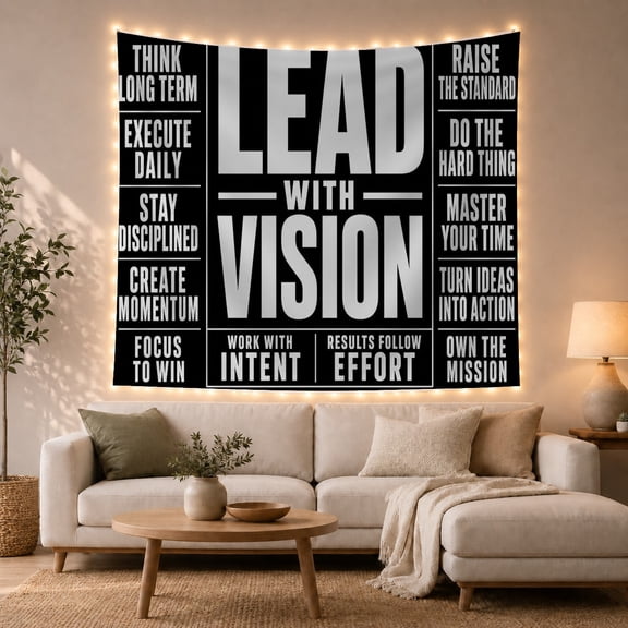 "Lead With Vision" Motivational Typography on Black Field, Inspirational Digital Art for Business Owners, Goal Setting Wall Art, Graduation Gift Tapestry Wall Hanging for Office and Study Room