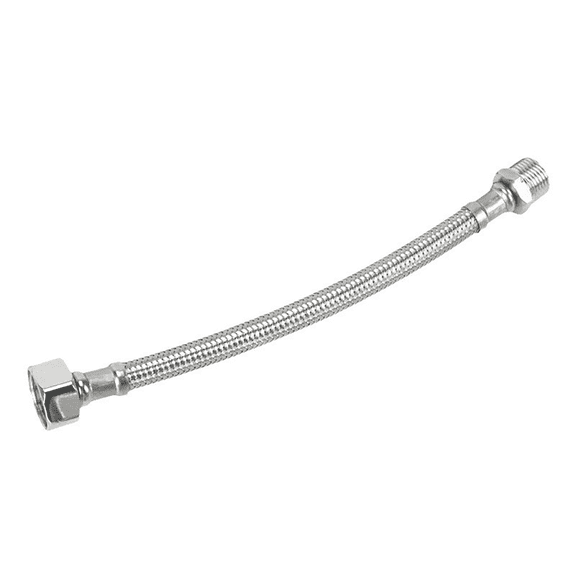Lead-free stainless steel braided faucet hose with 1/2-inch IPS and 3/8-inch compression fittings, 11inches.