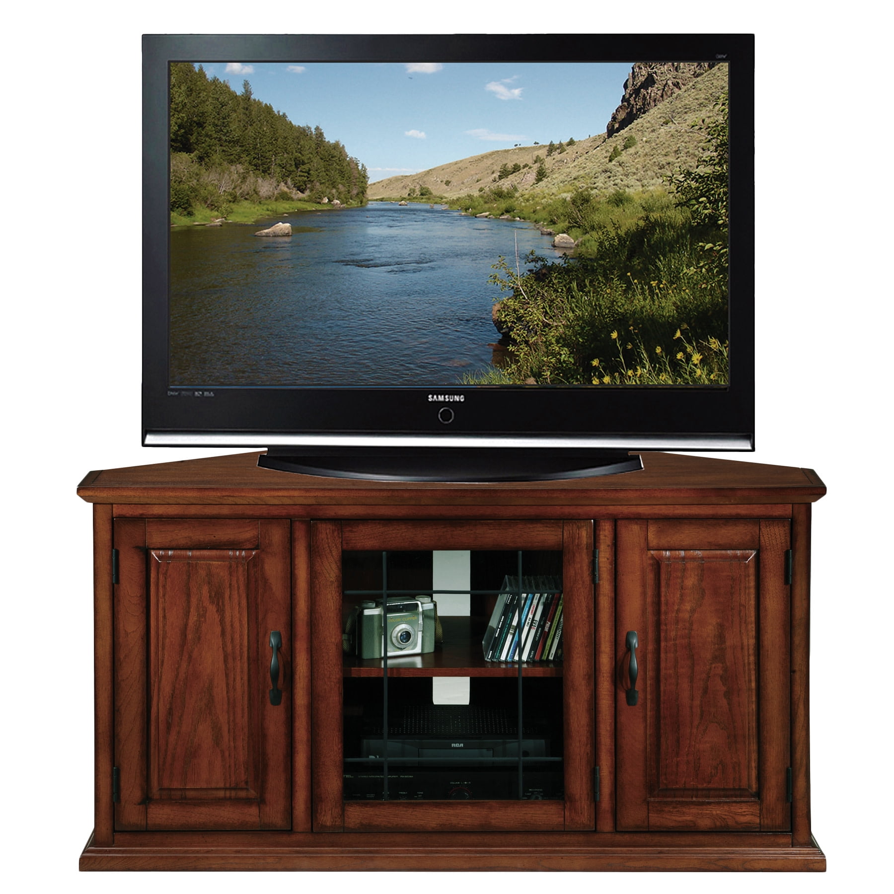 Burnished Oak 50" Corner TV Stand with Leaded Glass Doors