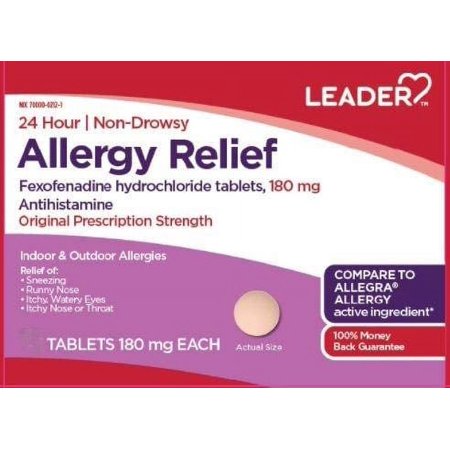 Leader 24 Hour Allergy Relief 180 mg Tablets, 180 Count, 2 Pack