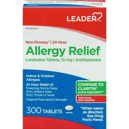 Leader 24 Hour Allergy Relief, Non-Drowsy, Loratadine 10mg, Antihistamine, Original Prescription Strength, Sinus Relief, Indoor and Outdoor, Counteract Allergy, 300 Tablets