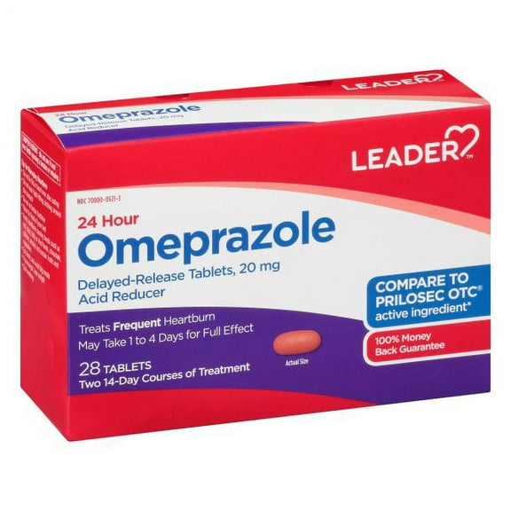 Leader 24 Hour Omeprazole 20mg, Delayed Release, 28 Tablets - Acid Reducer for Heartburn Relief