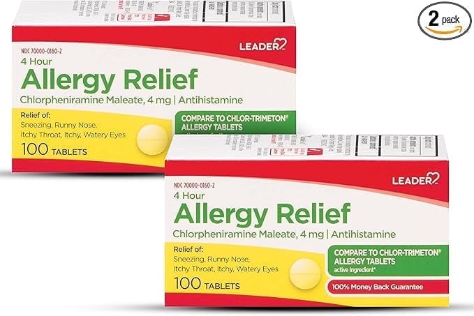 Leader 4 Hour Allergy Relief, Chlorpheniramine Maleate Tablets, Antihistamine, 4 mg, 100 Count, Pack of 2