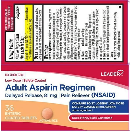 product image of Leader Adult Aspirin Regimen Enteric Coated Tabs, 36ct 096295130805A108