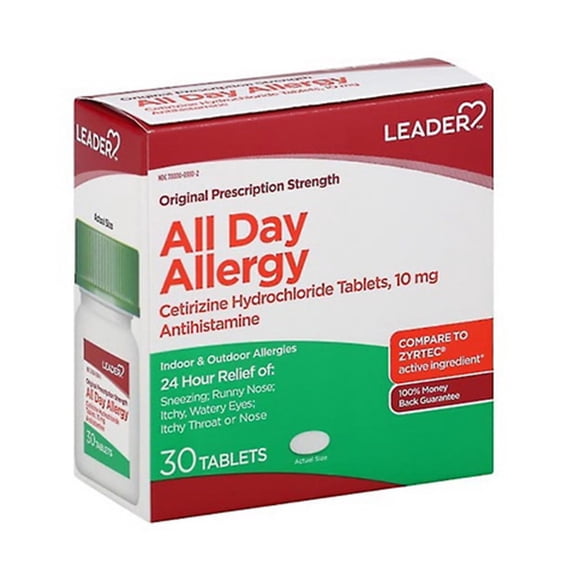 Leader All Day Allergy Cetirizine Hcl 10 Mg Tablets, 30 Ea, 6 Pack