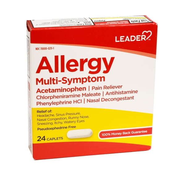 Leader Allergy Multi Symptom Acetaminophen Pain Reliever Caplets, 24 Ea, 6 Pack