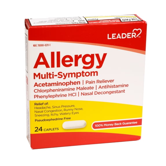 Leader Allergy Multi-Symptom Acetaminophen Pain Reliever Caplets, 24 count for hay fever and upper respiratory allergies
